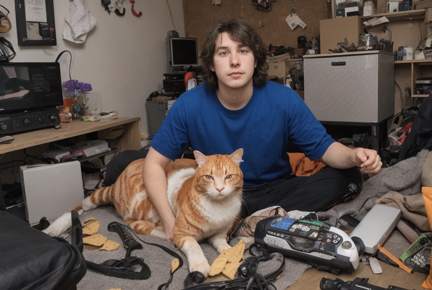 Photograph of Sam Redrosid with an orange cat